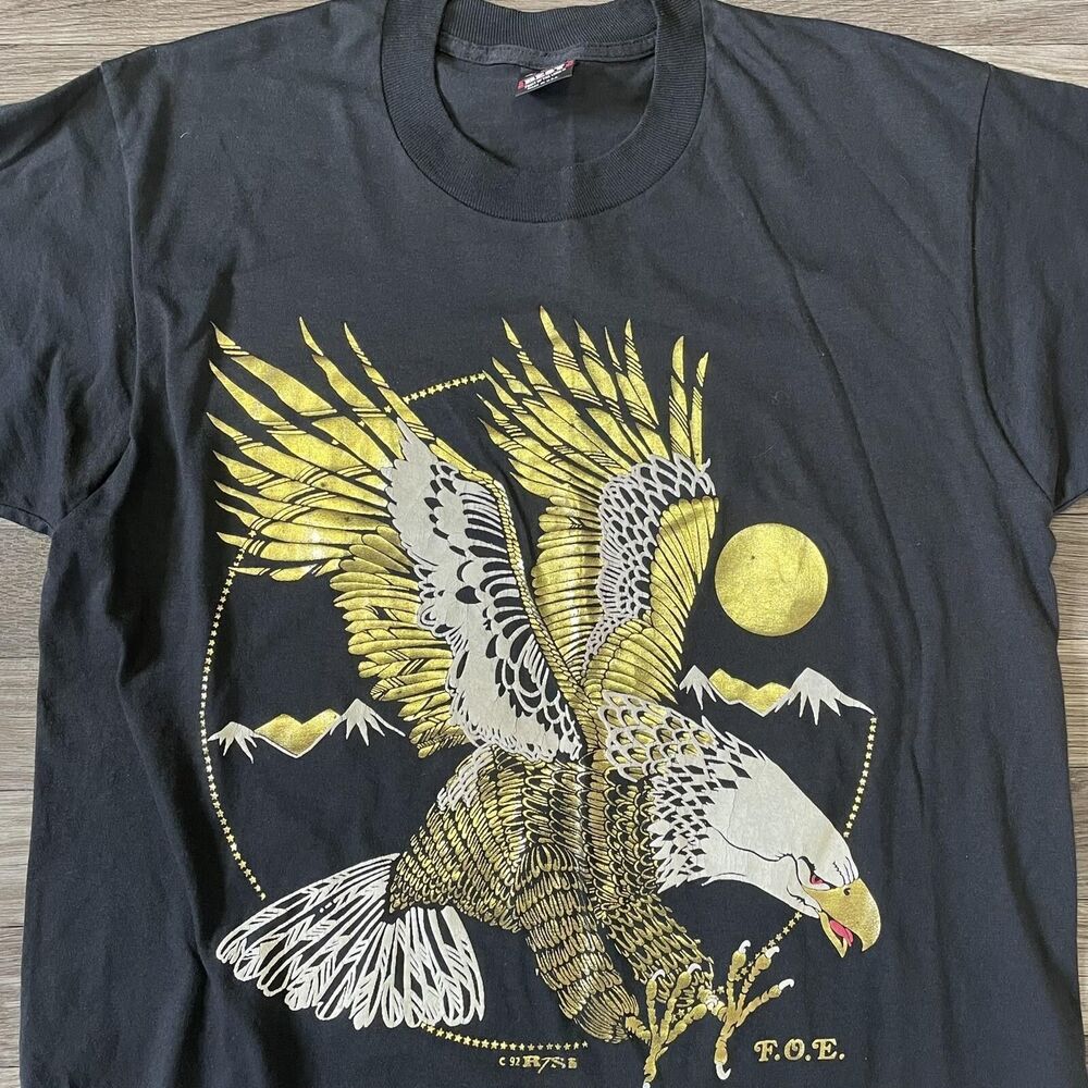 Vintage 90s Nature Shirt Men’s Large Fruit Of The Loom Tag Eagle Black Gold - Picture 3 of 7